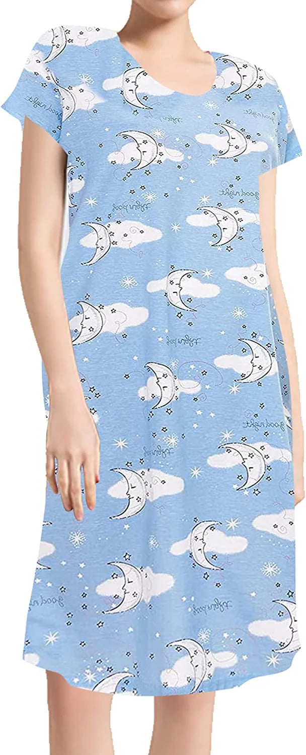 Cotton Nightgown Sleepwear Short Sleeves Sleepdress Blue XL A246464