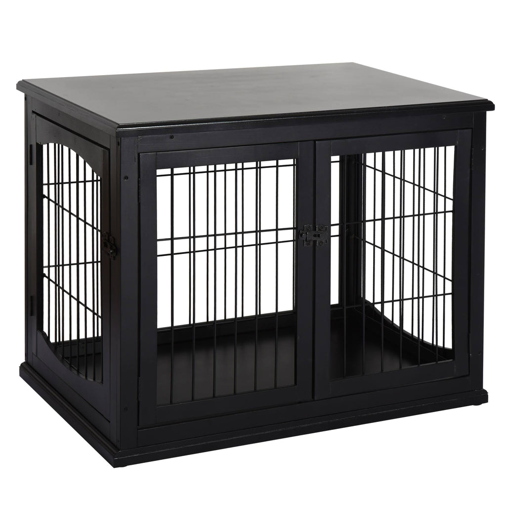 Black Wooden Dog Cage Pet Crate Kennel with Double Door T71372
