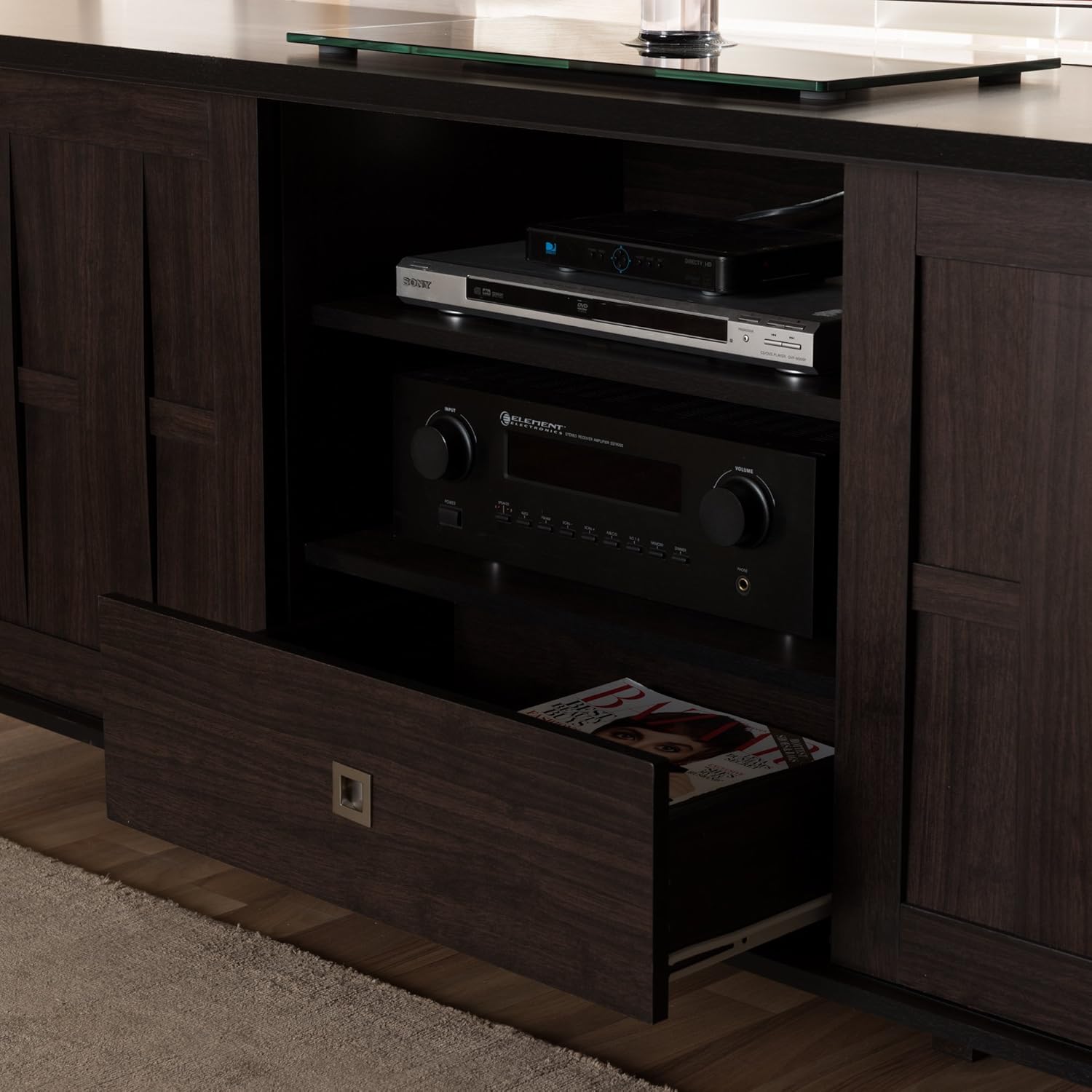 70 Dark Brown Wood TV Cabinet with 2 Sliding Doors and Drawer R488933