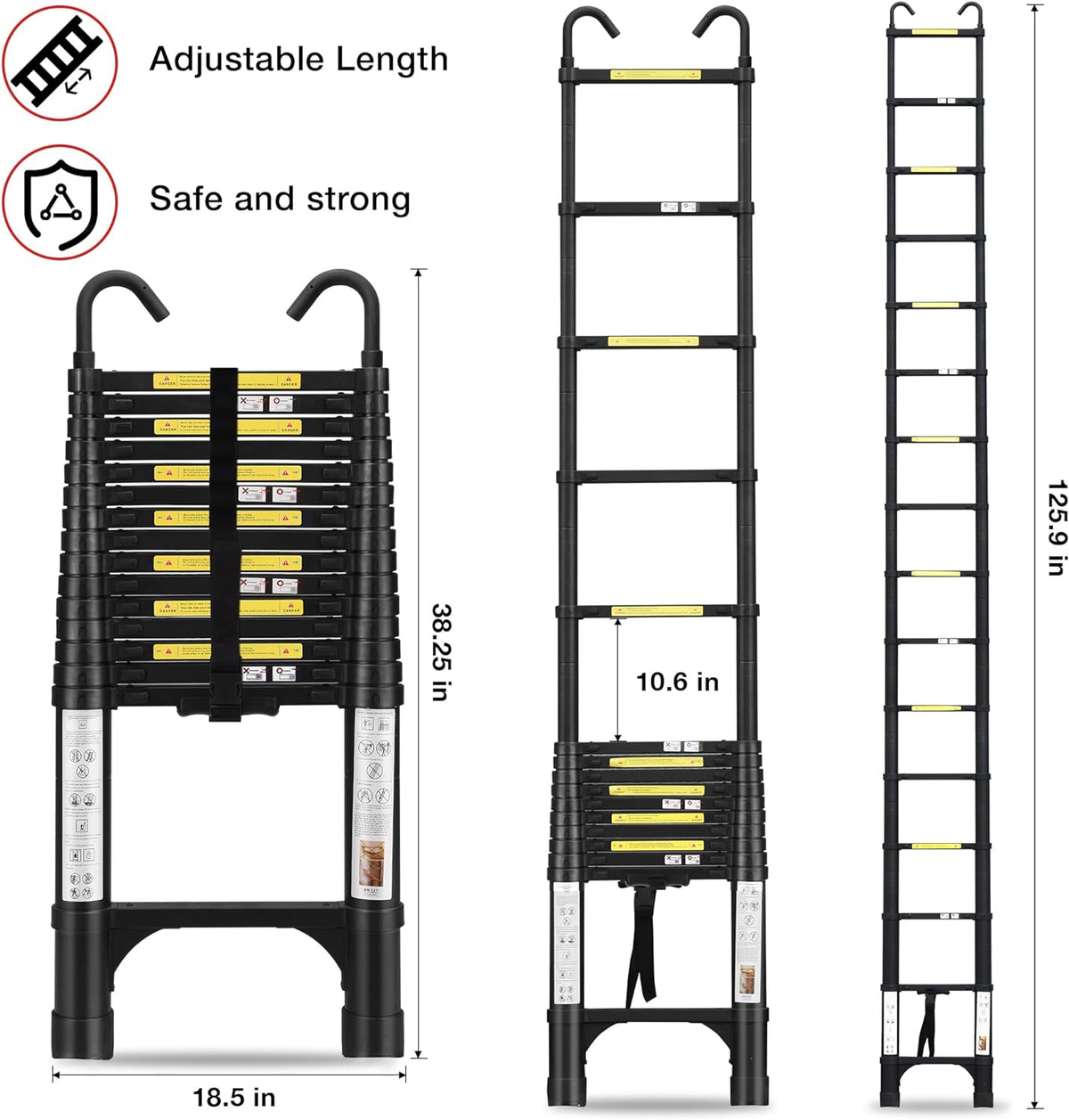 Telescoping Ladder 10.5 FT Aluminum with 2 Detachable Roof Hooks and 2 Triangle Stabilizers V4770