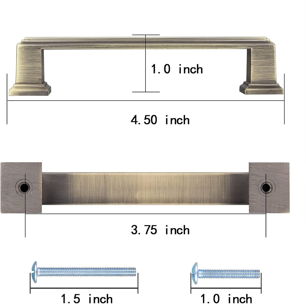 10 Pack Antique Brass Cabinet Hardware Pulls，4.5 inch Length Solid Cabinet Handles，3.75-inch Hold Centers E729009