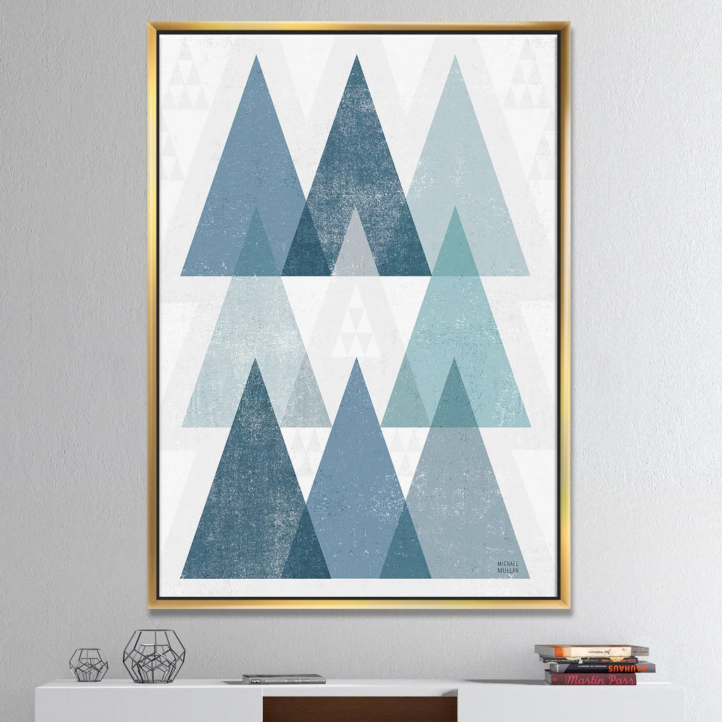 Minimal Triangles IV Blue Framed Canvas - 16 in. Wide x 32 in. High - Gold A89272