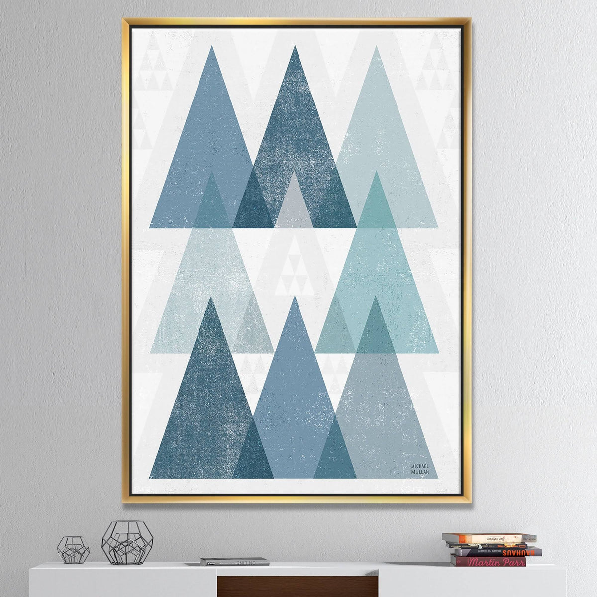 Minimal Triangles IV Blue Framed Canvas - 16 in. Wide x 32 in. High - Gold A89272