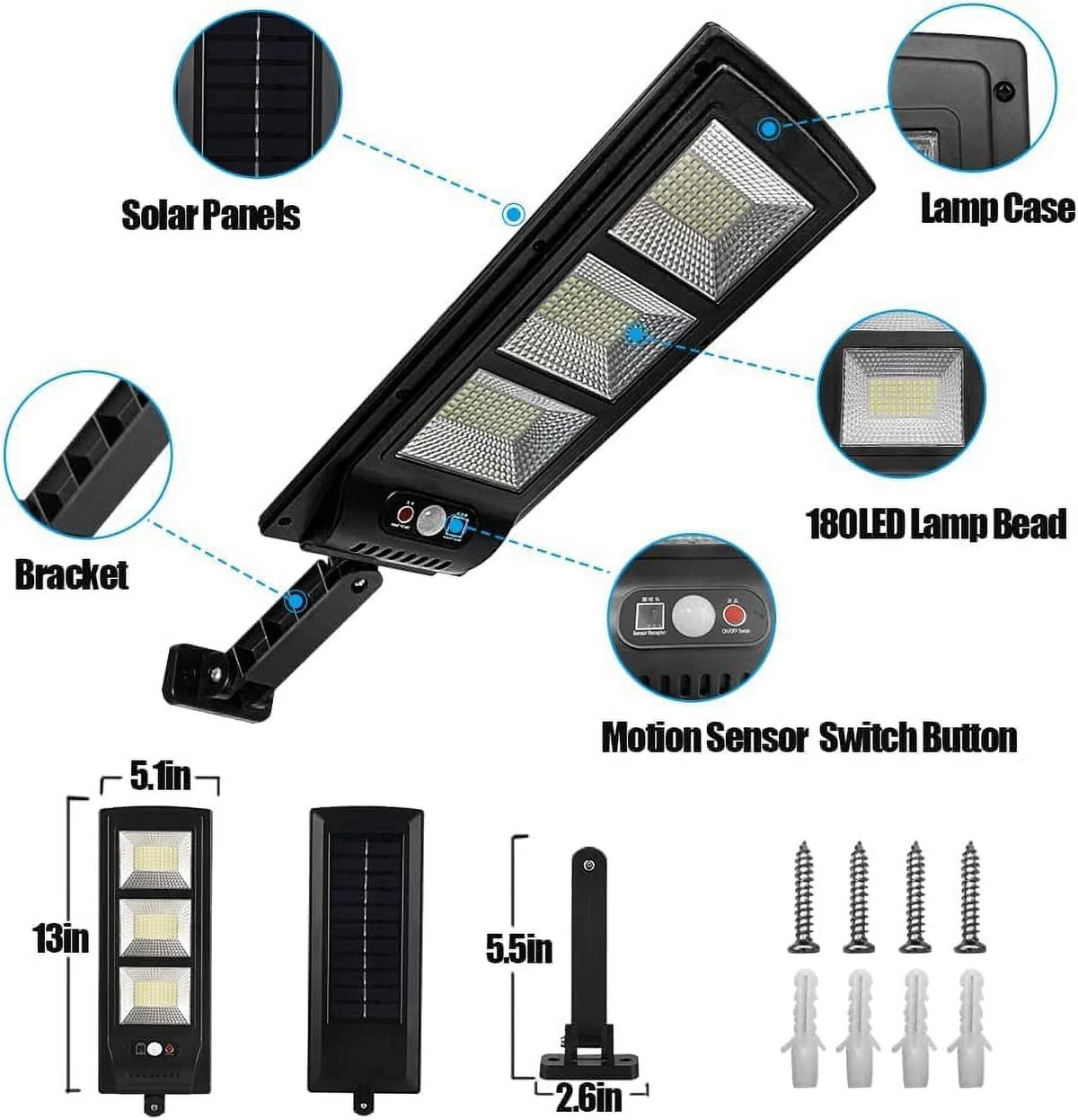4 Pack Solar Street Lights Outdoor 180 LED Motion Sensor Flood Light with 3 Lighting Modes A39087