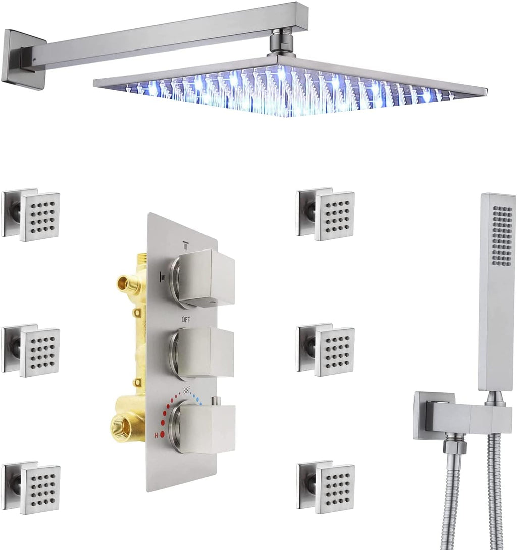 Brushed Nickel 12 Inch Rain Shower Head and Thermostatic Mixer Valve and 6 Massage Body Sprays and Handheld Showerhead Wall Mounted Shower System Set I225923
