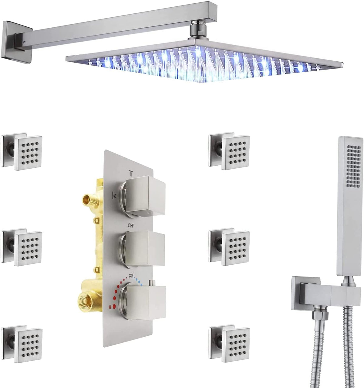 Brushed Nickel 12 Inch Rain Shower Head and Thermostatic Mixer Valve and 6 Massage Body Sprays and Handheld Showerhead Wall Mounted Shower System Set I225923