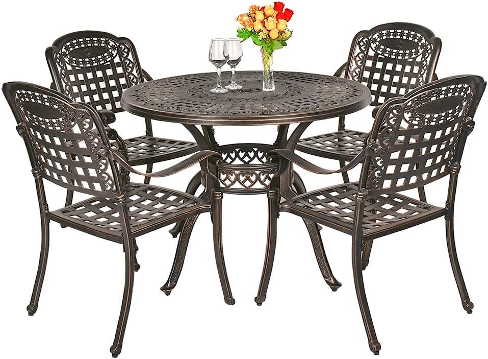 5-Piece Cast Aluminum Outdoor Dining Set with Umbrella Hole R86578