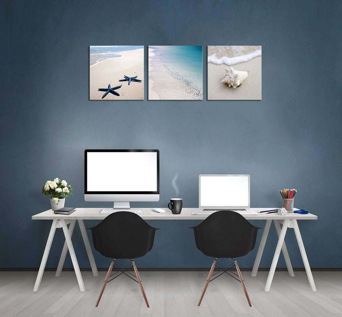 3 Piece Framed Canvas Wall Art Beach Seascape Painting Z31720