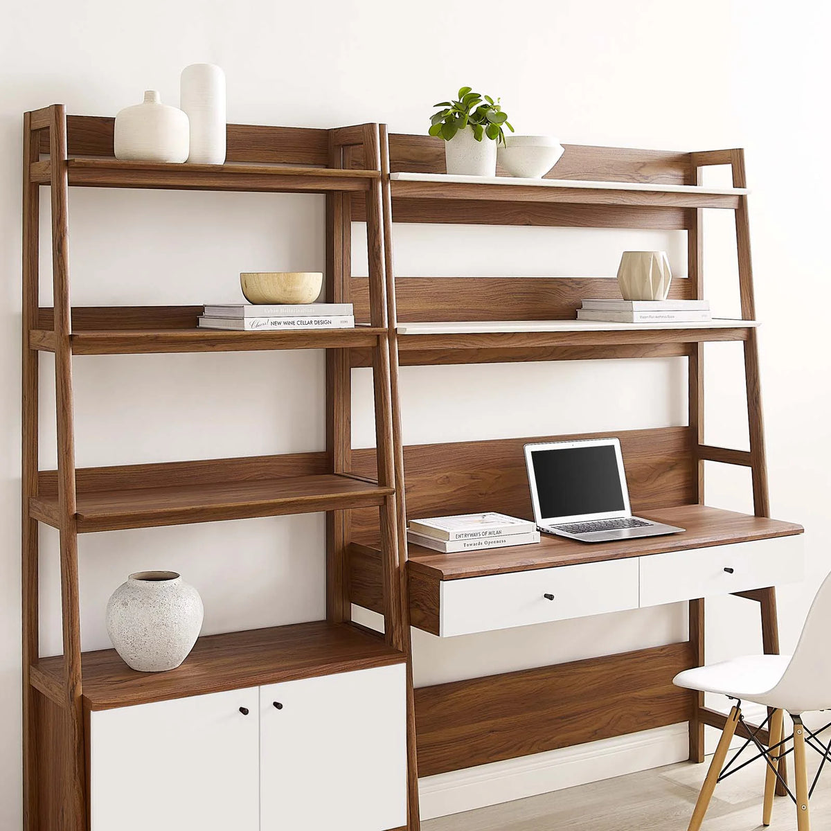2-Piece Wood Office Desk and Bookshelf in Walnut White C9735