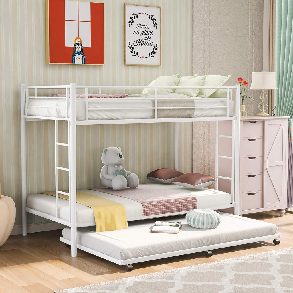 Twin Over Twin Metal Bunk Bed with Trundle and 2 Ladders (White) V725161