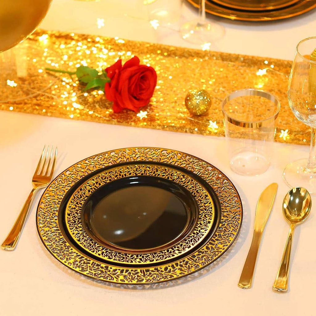 Black with Gold Rim Disposable Plastic Salad Plates 120pcs H377597