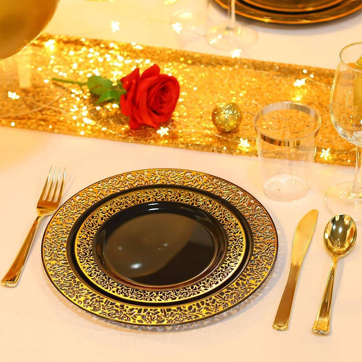 Black with Gold Rim Disposable Plastic Salad Plates 120pcs H377597