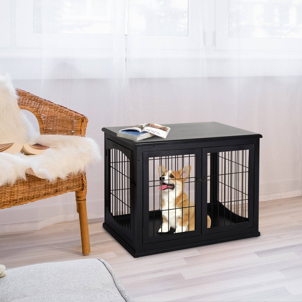 Black Wooden Dog Cage Pet Crate Kennel with Double Door T71372