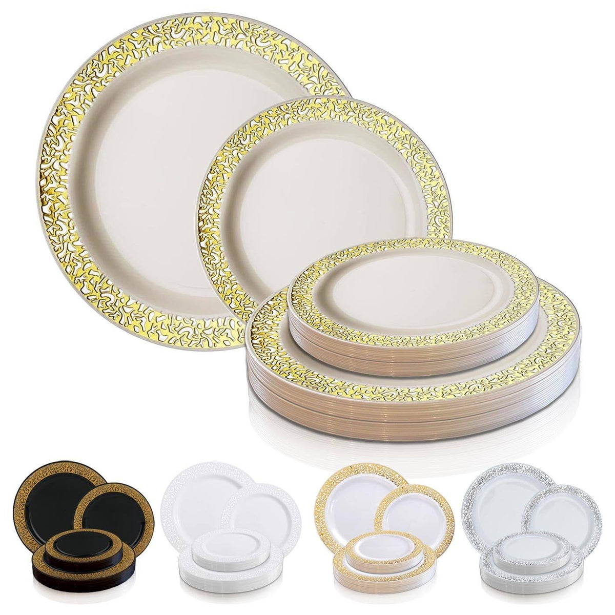 Black with Gold Rim Disposable Plastic Salad Plates 120pcs H377597