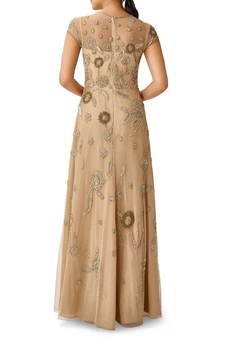 Light Gold Beaded Mesh Dress U76467