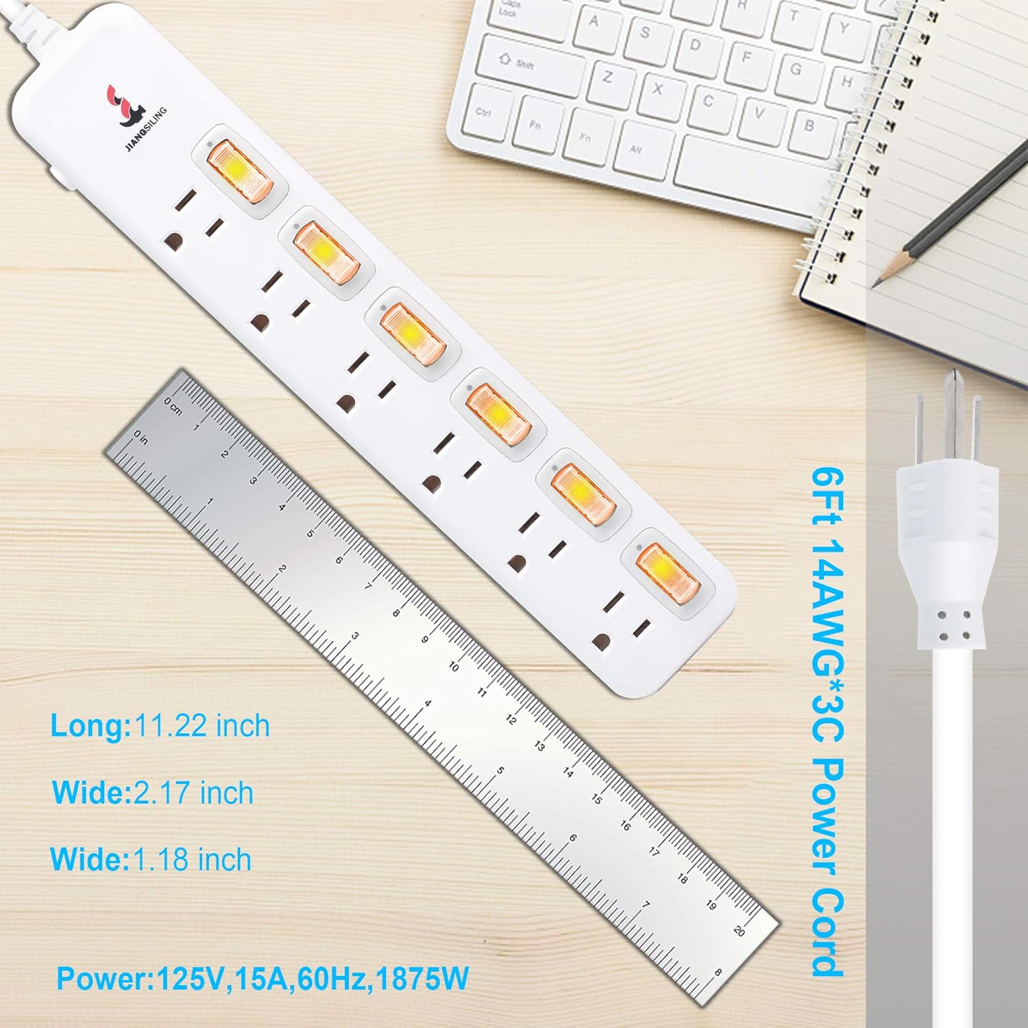6 Outlets Surge Protector Power Strip with Individual Switch H3305