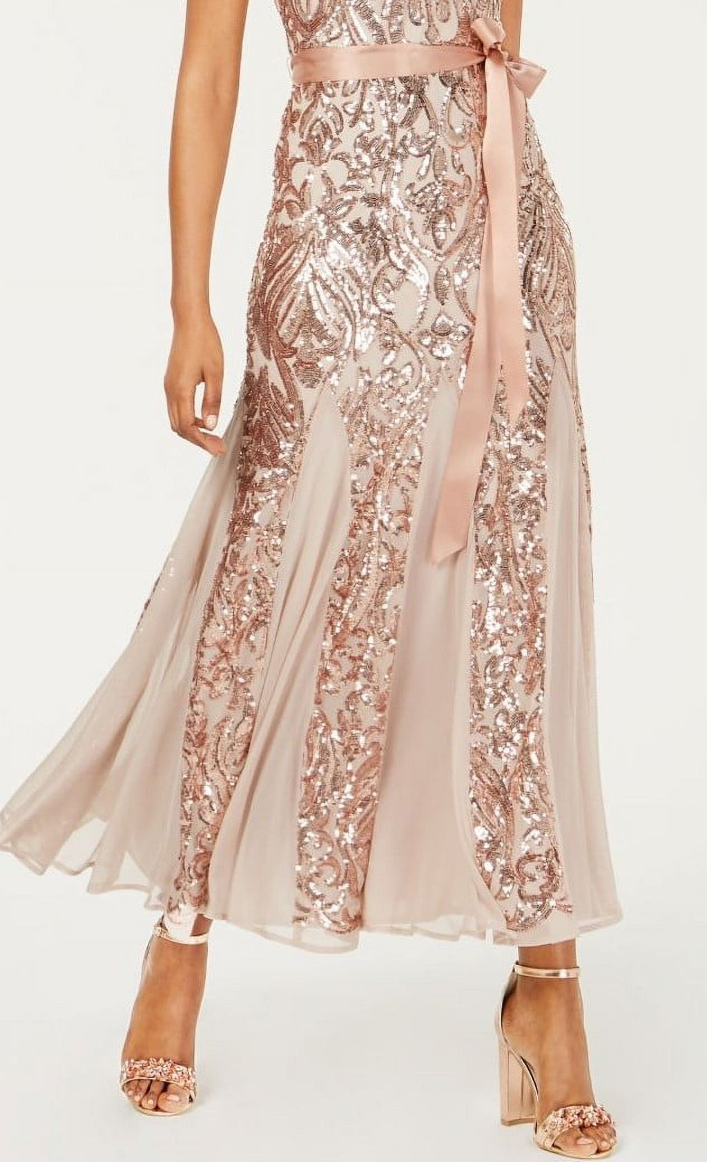 Beige Sequined Belted Patterned Short Sleeve Jewel Neck Midi Fit + Flare Dress Petites 8P H48503