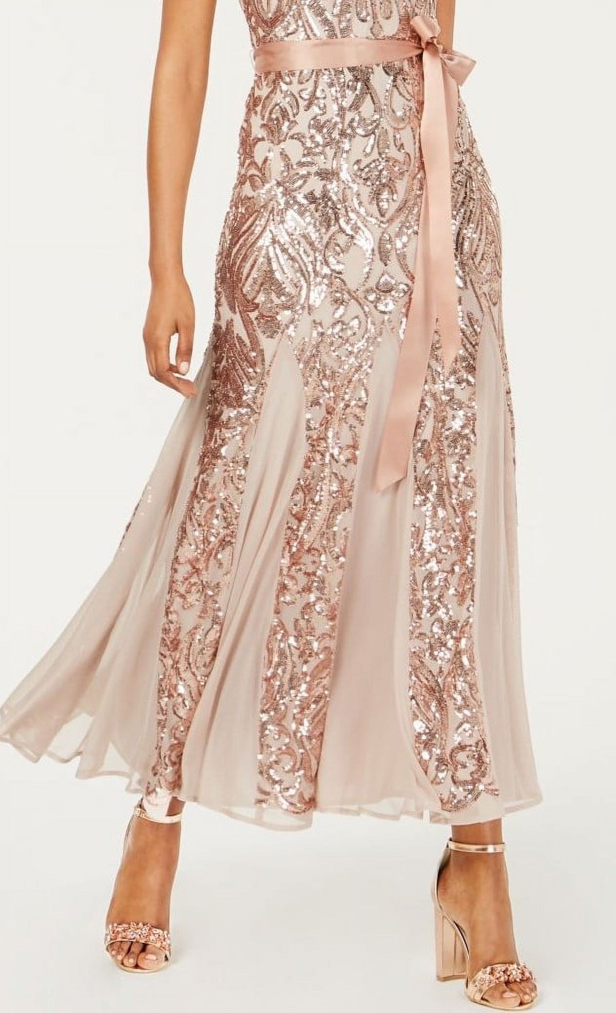 Beige Sequined Belted Patterned Short Sleeve Jewel Neck Midi Fit + Flare Dress Petites 8P H48503