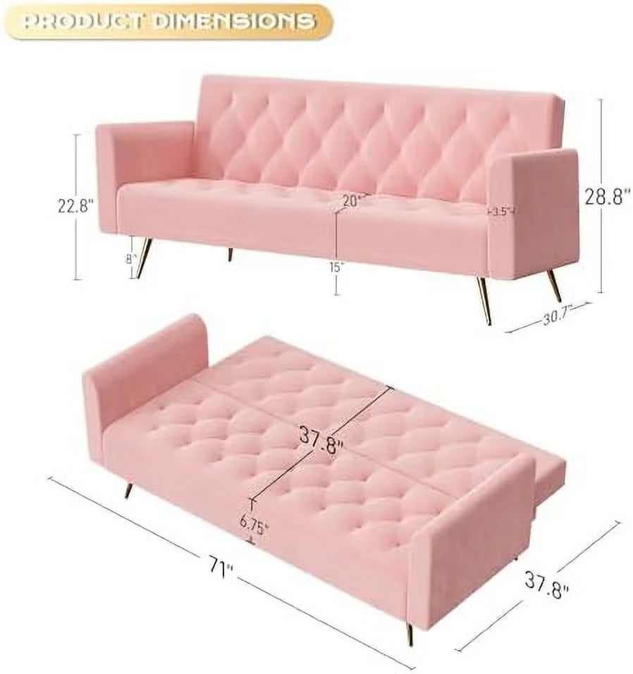 Velvet Futon Sofa Bed with 2 Pillows, 71 inch D36411