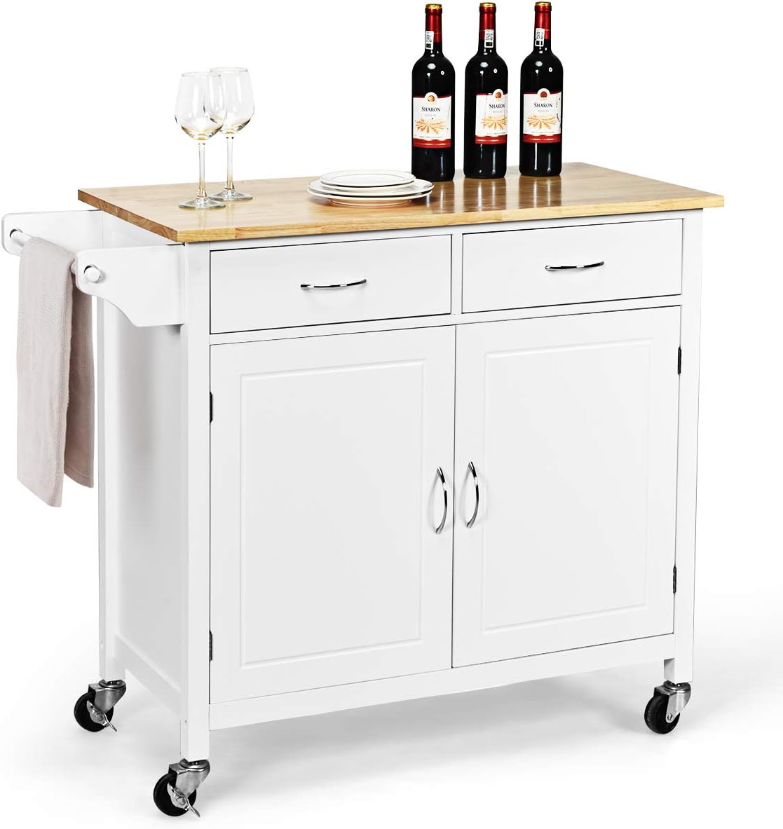 Dark Brown Rolling Kitchen Cart with Storage Cabinet and 2 Drawer Towel Rack G5799