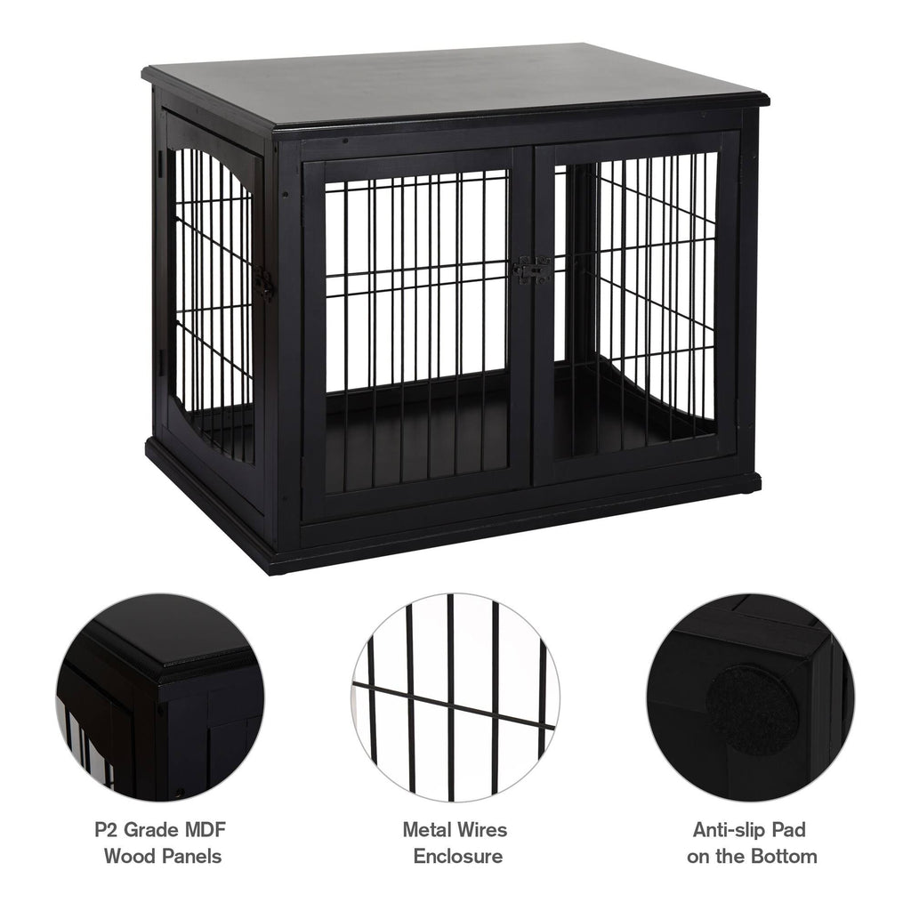 Black Wooden Dog Cage Pet Crate Kennel with Double Door T71372
