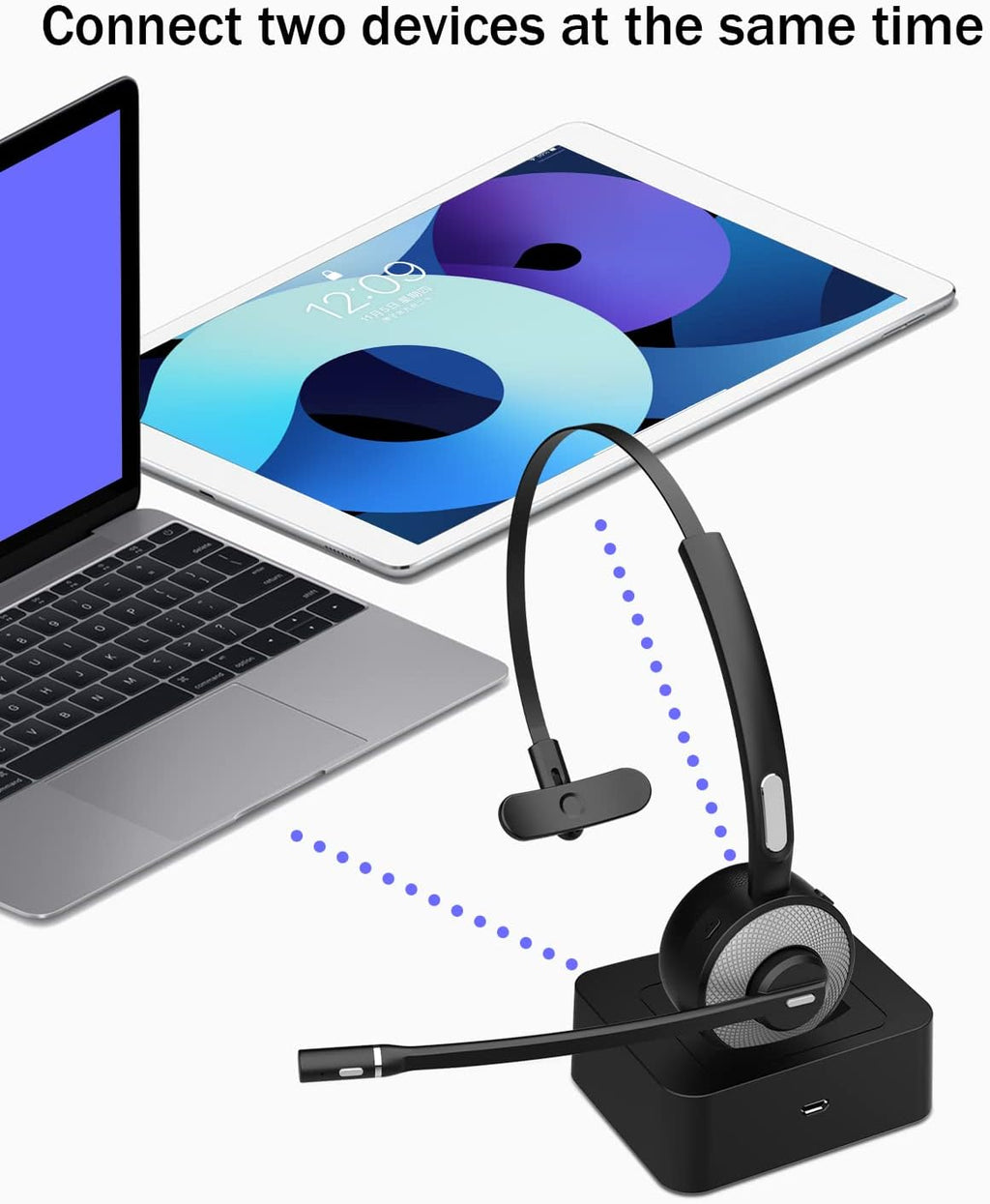 Bluetooth Headset with USB Dongle, Single-Ear Wireless Headset with Noise Cancelling Microphone Charging Base, Pack of 2 L14017