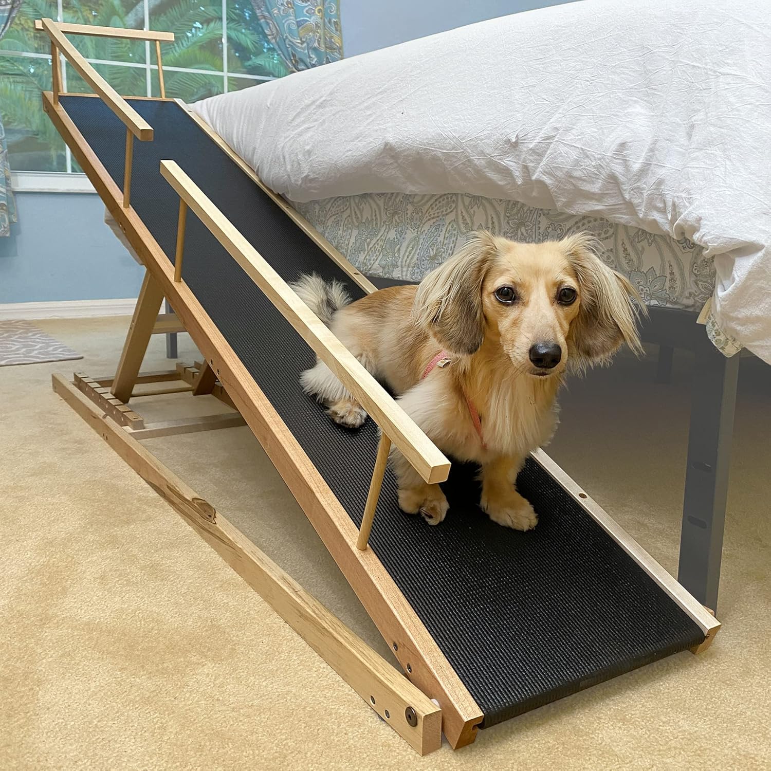 Solid Hardwood Dog Ramp for Beds, Adjustable up to 37" High, Safety Rails, Anti-Slip Grip D83433