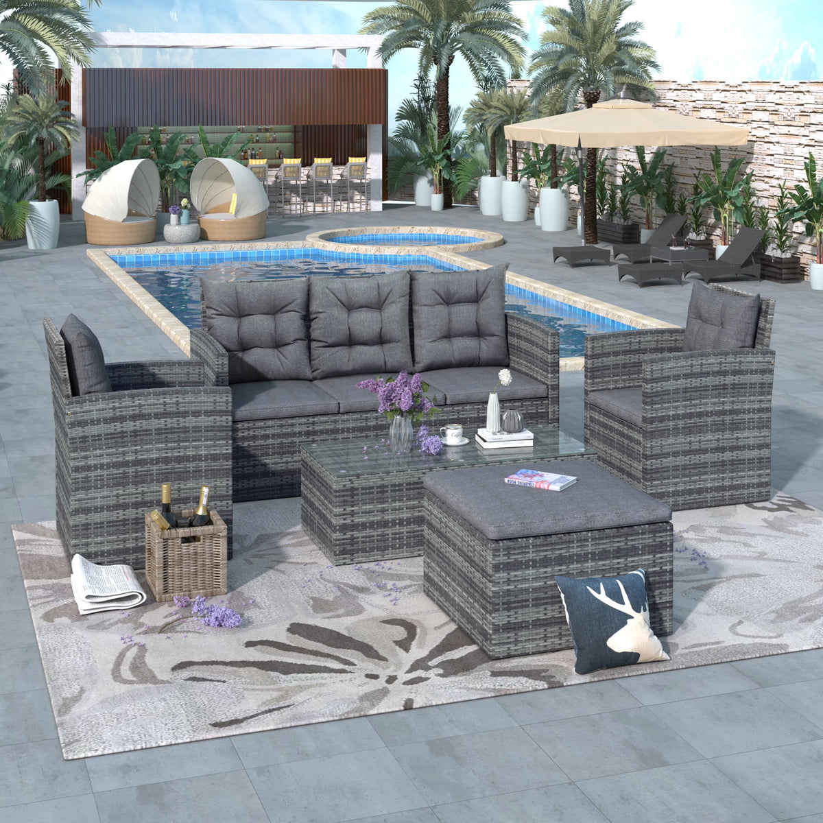 Gray 5 Piece PE Wicker Patio Sofa Set with Glass Table B81913
