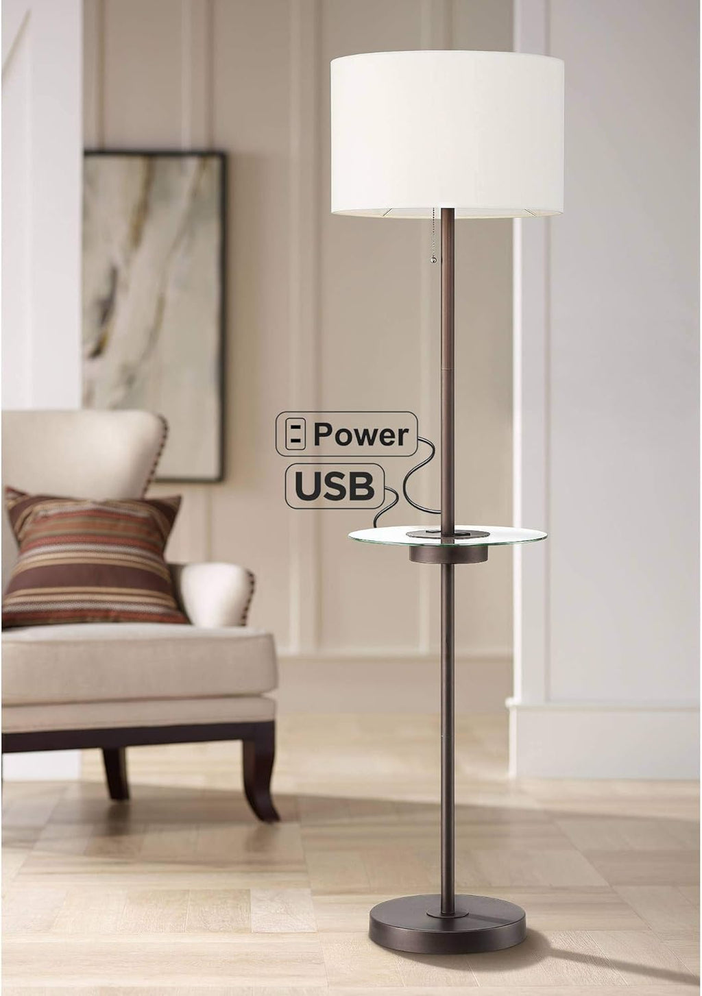 Modern Contemporary Floor Lamp with Tray USB and AC Power Outlet Glass Satin Nickel White Fabric Drum Shade H221449