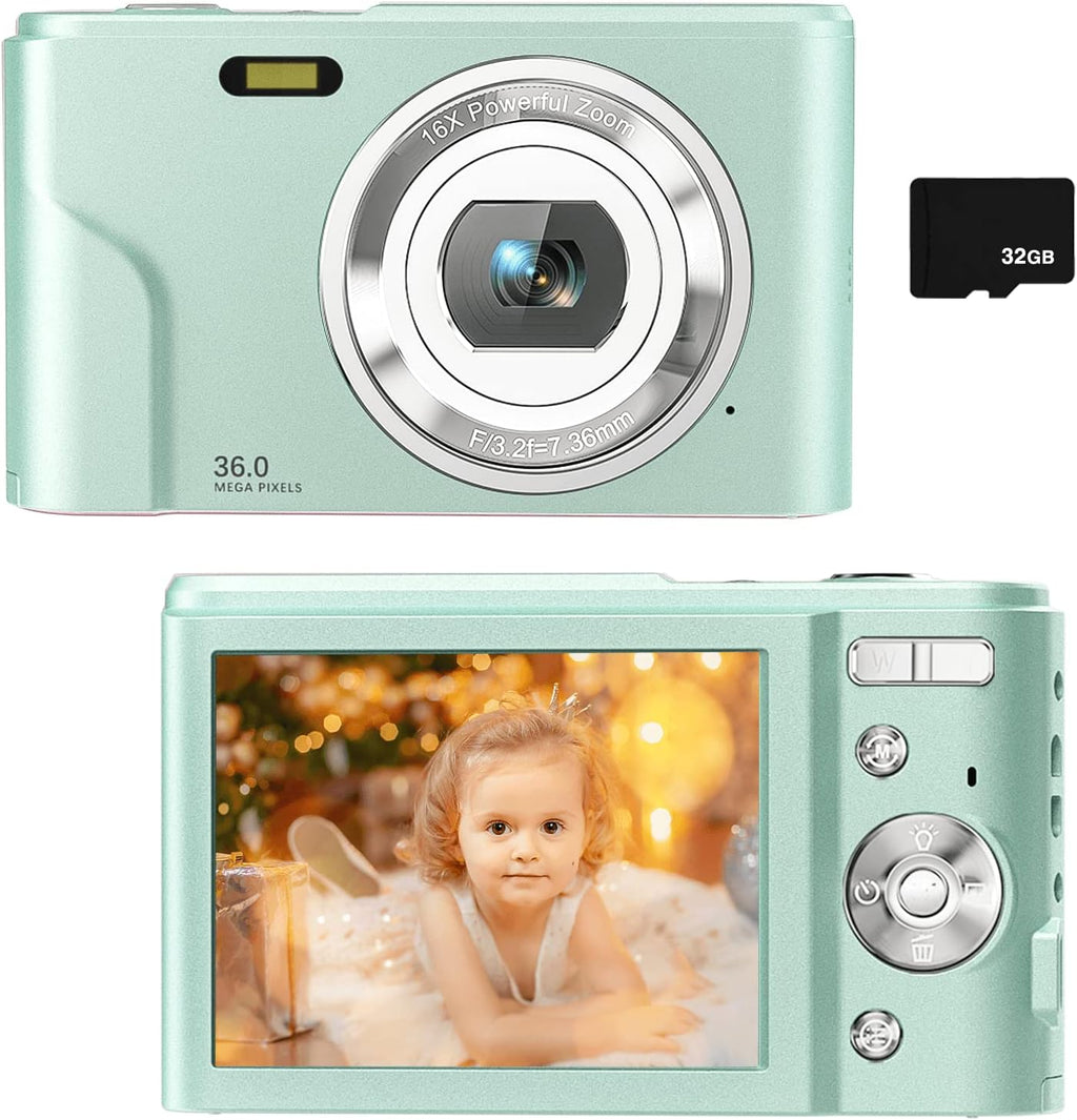 36MP Full HD 1080P Rechargeable Digital Camera with 32GB SD Card (Green) V643