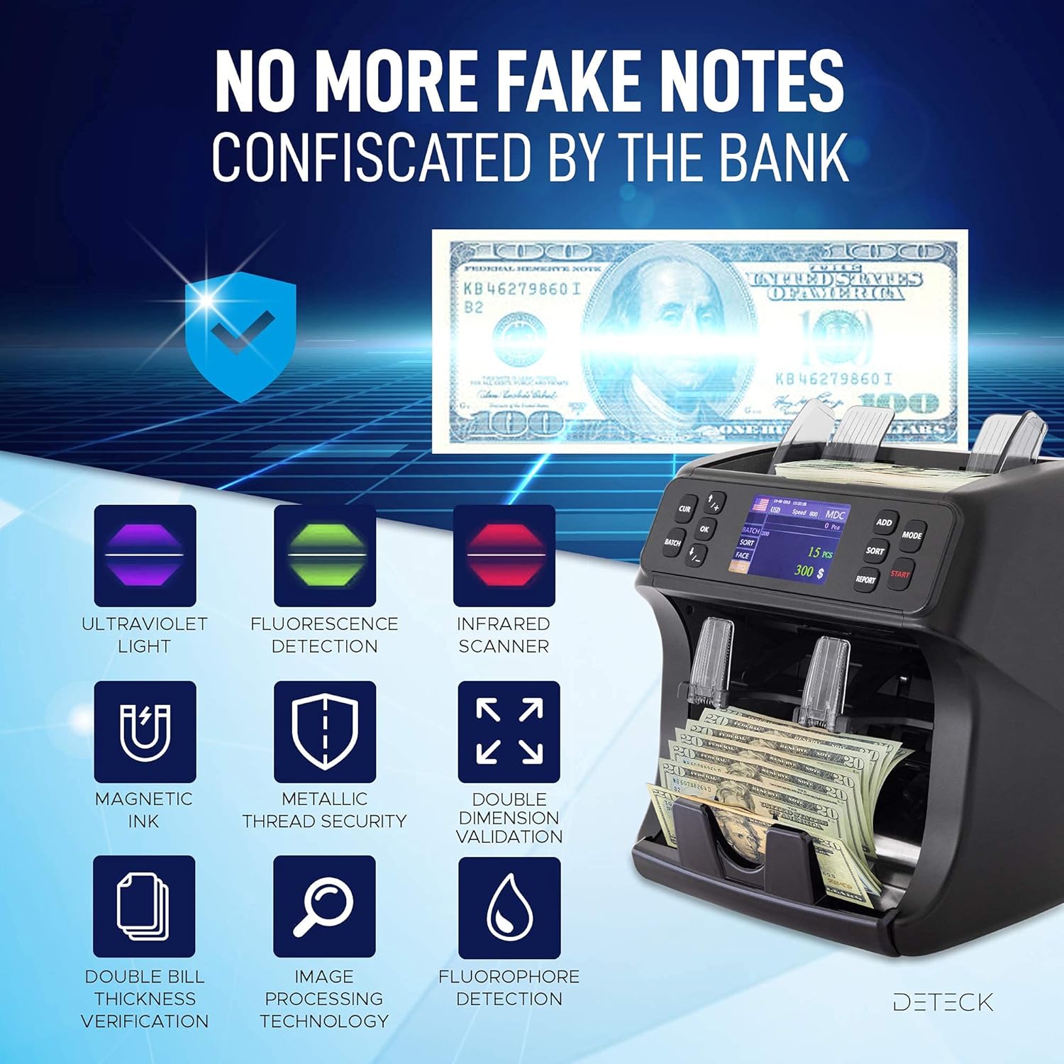 Money Counter Machine with Reject Pocket, 2CIS/UV/MG Counterfeit Detection Y93374