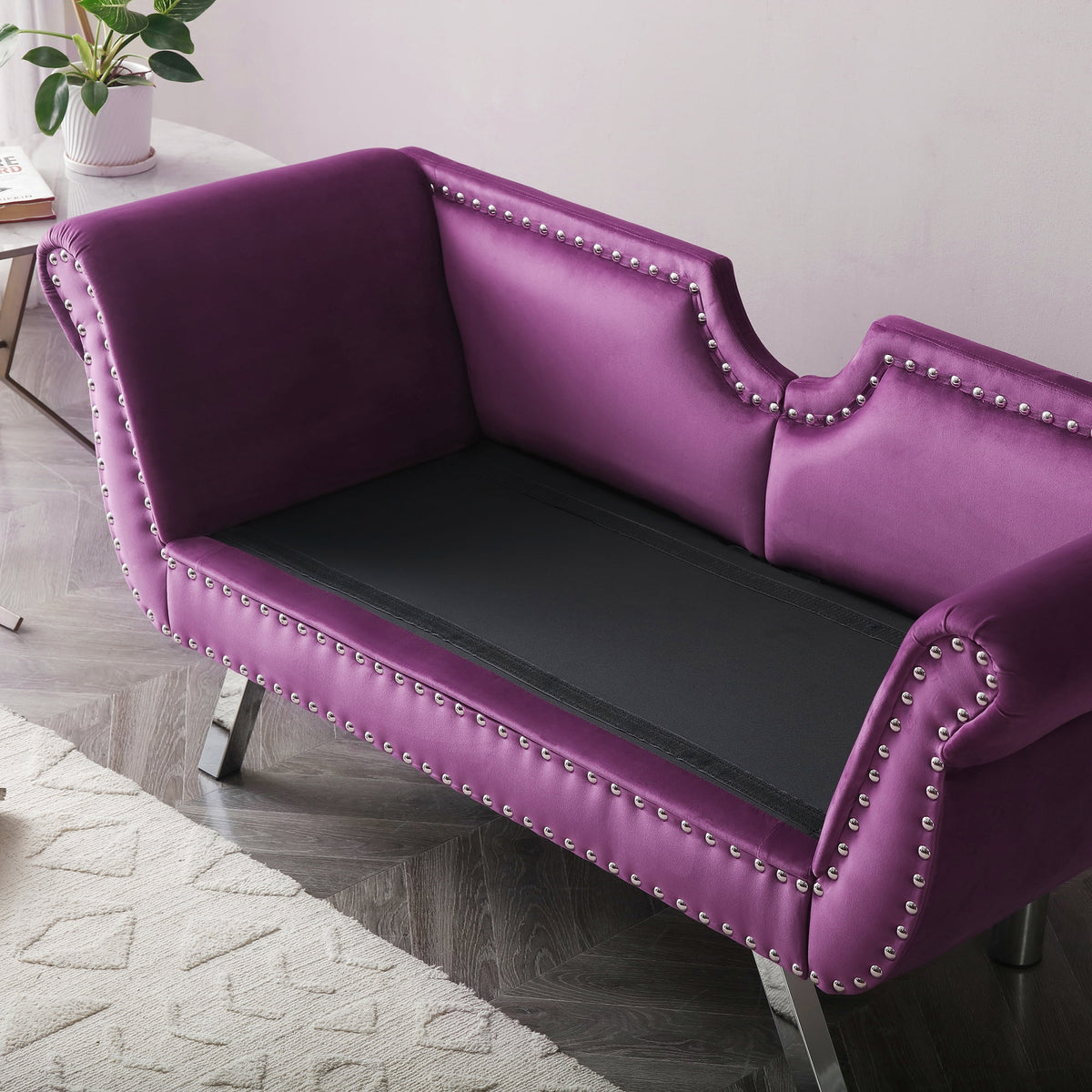 Purple Velvet Upholstered Loveseat with Removable Cushion Silver Metal Legs Y310
