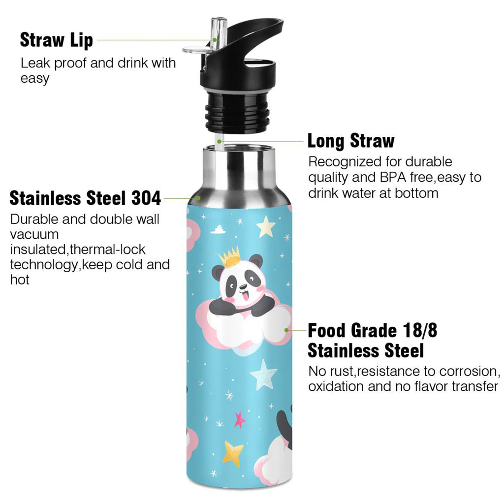 Cartoon Pandas and Stars Insulated Stainless Steel Water Bottle with Straw Lid 20 oz Q632