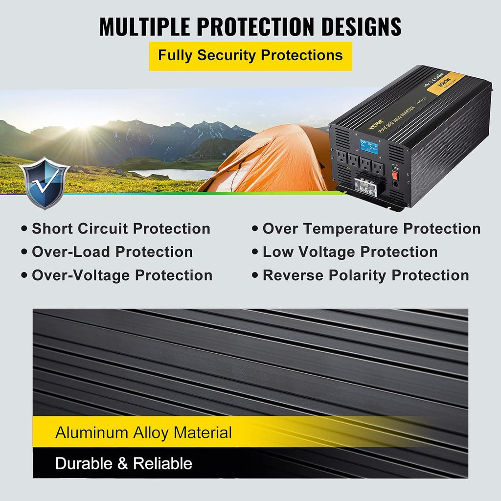 3500 Watt Pure Sine Wave Power Inverter, DC 24V to AC 120V, with USB Port and Remote Controller H90513