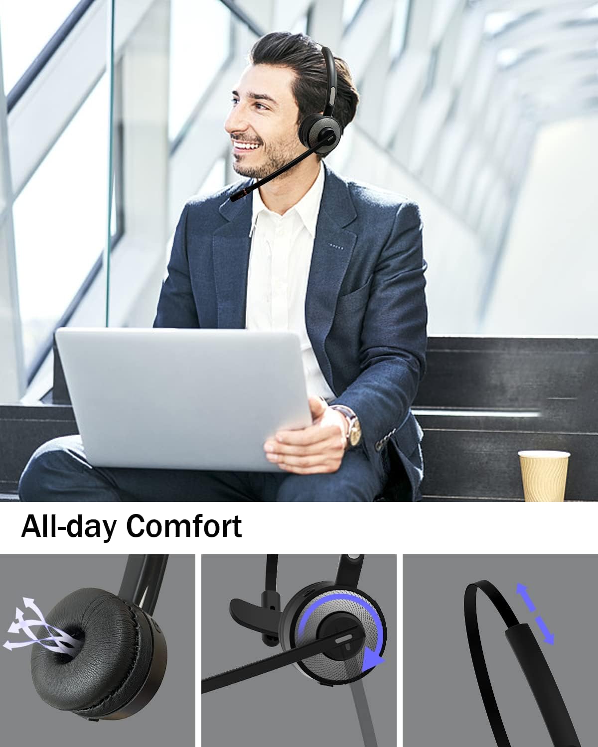 Bluetooth Headset with USB Dongle, Single-Ear Wireless Headset with Noise Cancelling Microphone Charging Base, Pack of 2 L14017