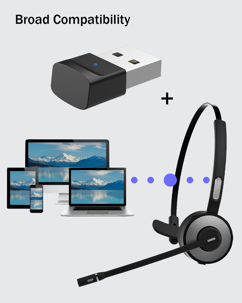 Bluetooth Headset with USB Dongle, Single-Ear Wireless Headset with Noise Cancelling Microphone Charging Base, Pack of 2 L14017