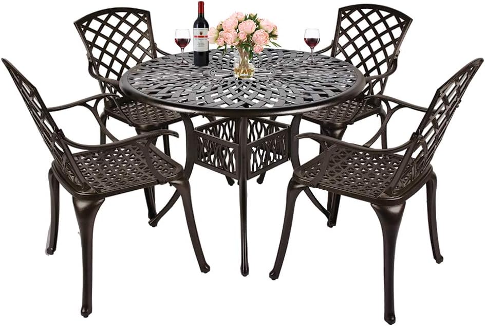 5-Piece Cast Aluminum Outdoor Dining Set with Umbrella Hole R86578