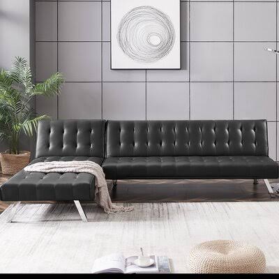 Black Faux Leather Reversible Sleeper Sofa and Chaise D536