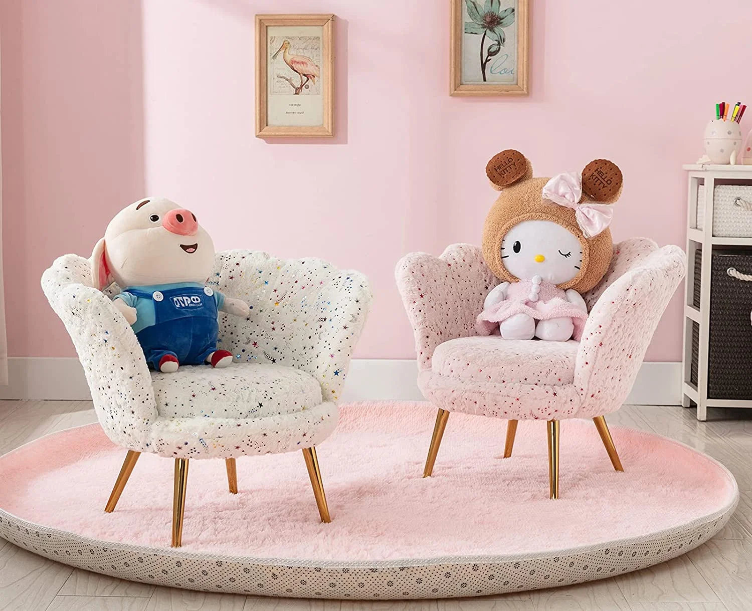 Pink Faux Fur Kids Sofa Chair with Gold Legs H11056
