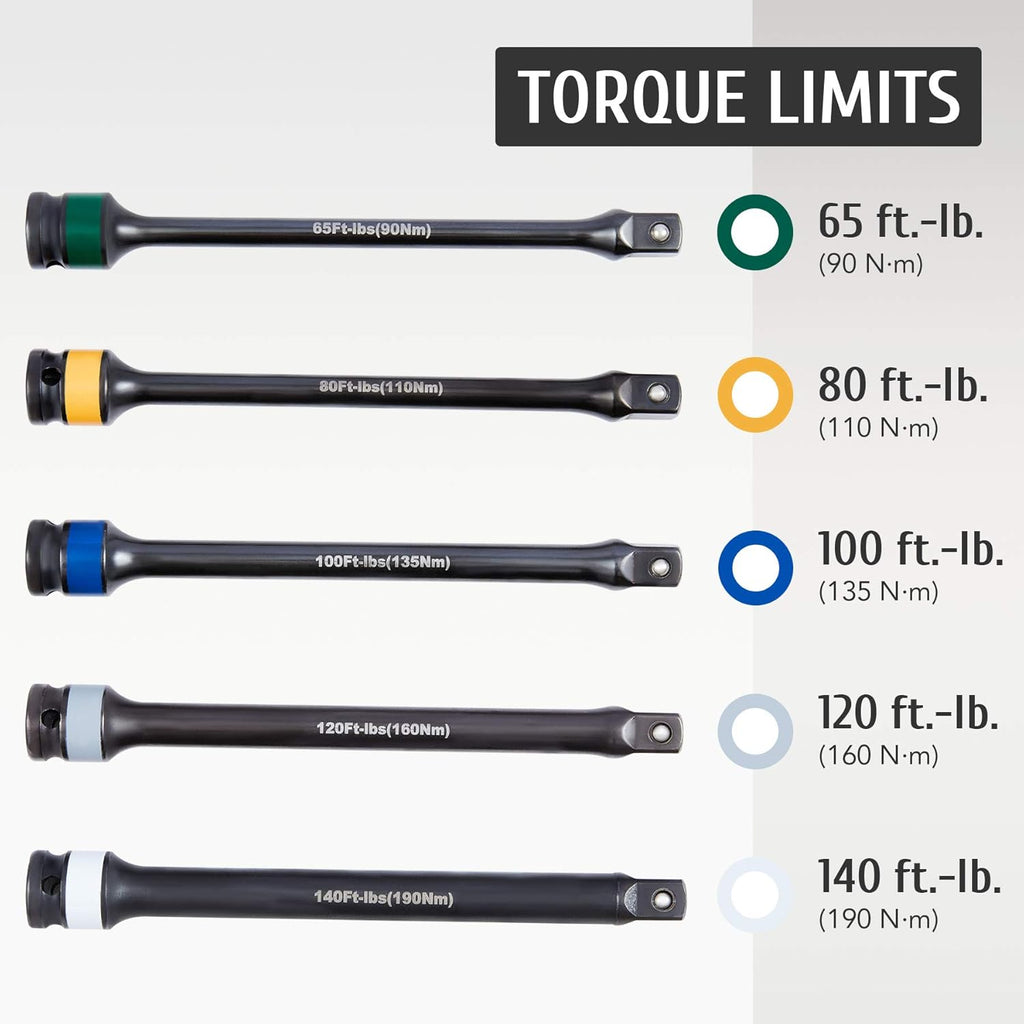 5pc 1/2" Drive Torque Limiting Extension Bar Set with 8 Inch Torque Sticks, 65-140 ft-lb, Pack of 2 B8172
