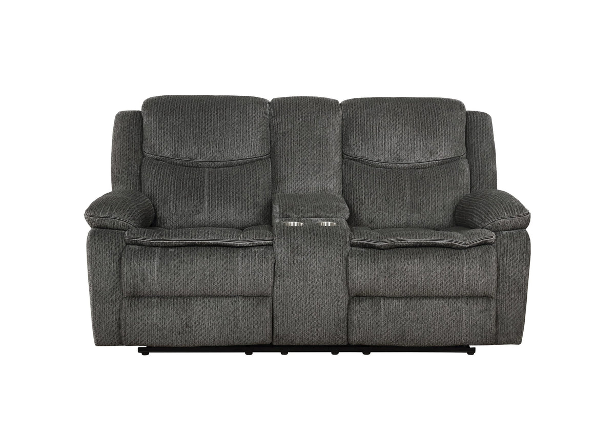 Charcoal Upholstered Motion Loveseat with Console Q87820