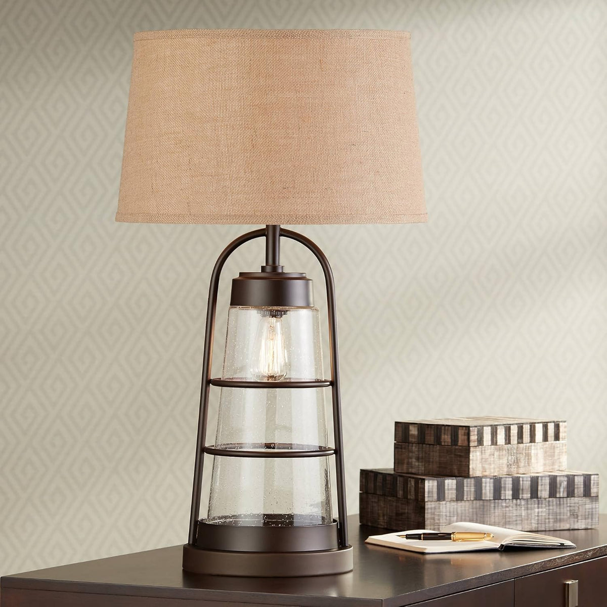 Industrial Table Lamp with Nightlight Antique LED Edison Bulb Rust Bronze Brown Cage Drum Shade J54391