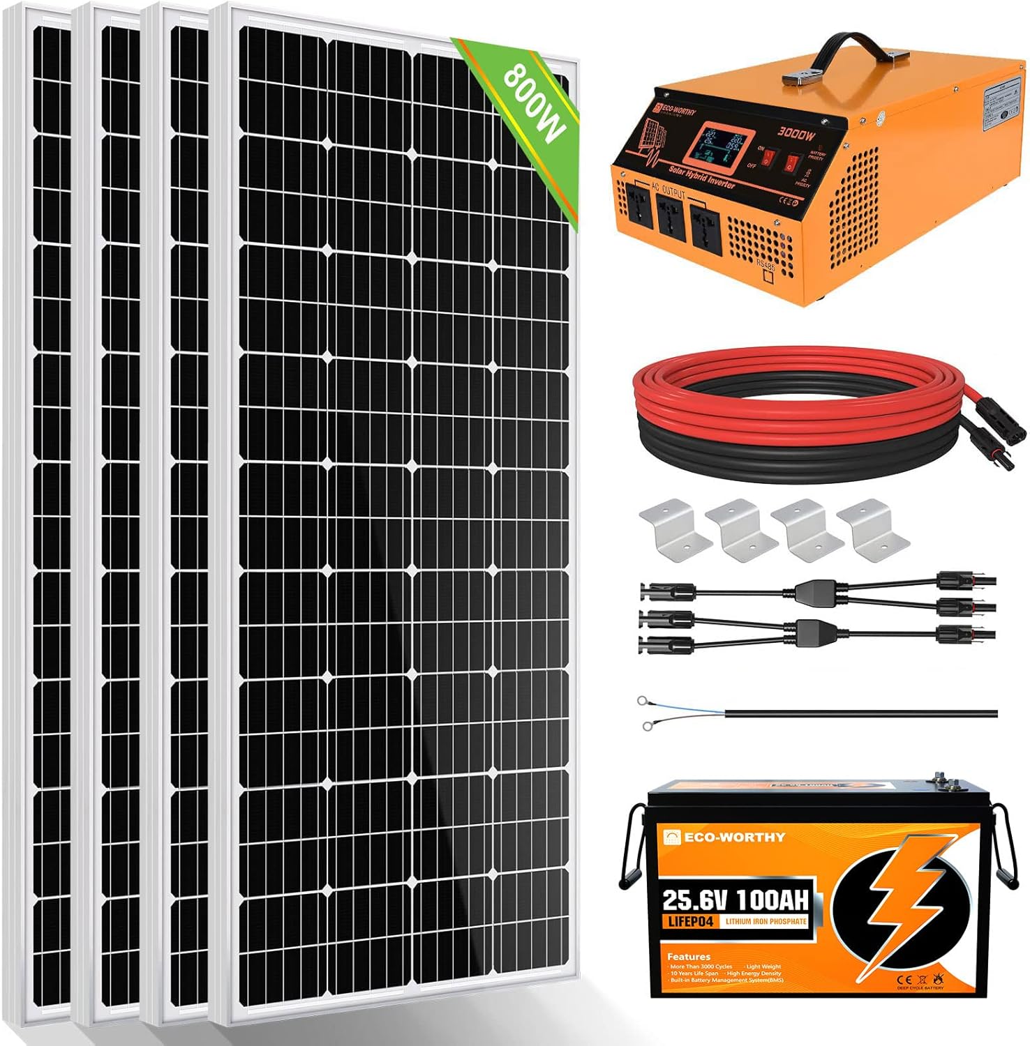800 Watts Solar Panel Kit: 8pcs 100W Solar Panels + 60A PWM Charger Controller + 16Ft Solar Cable + Z Mounting Brackets J97731
