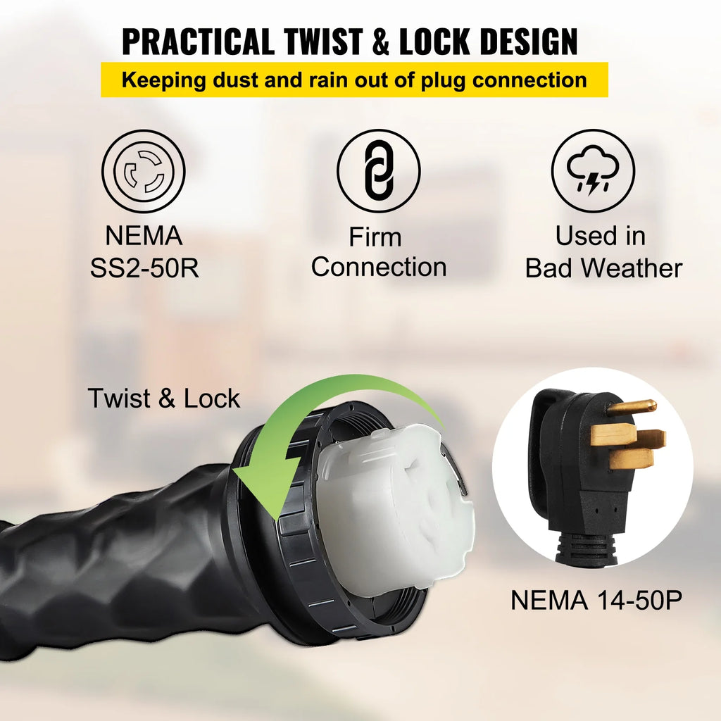 50A 50ft 125V/250V STW 6AWG/3C+8AWG/1C Twist Lock Extension Cord T1177