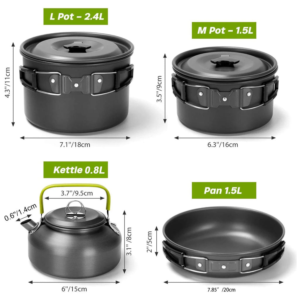 Camping Cookware Mess Kit Pot Pan Kettle Set I1180
