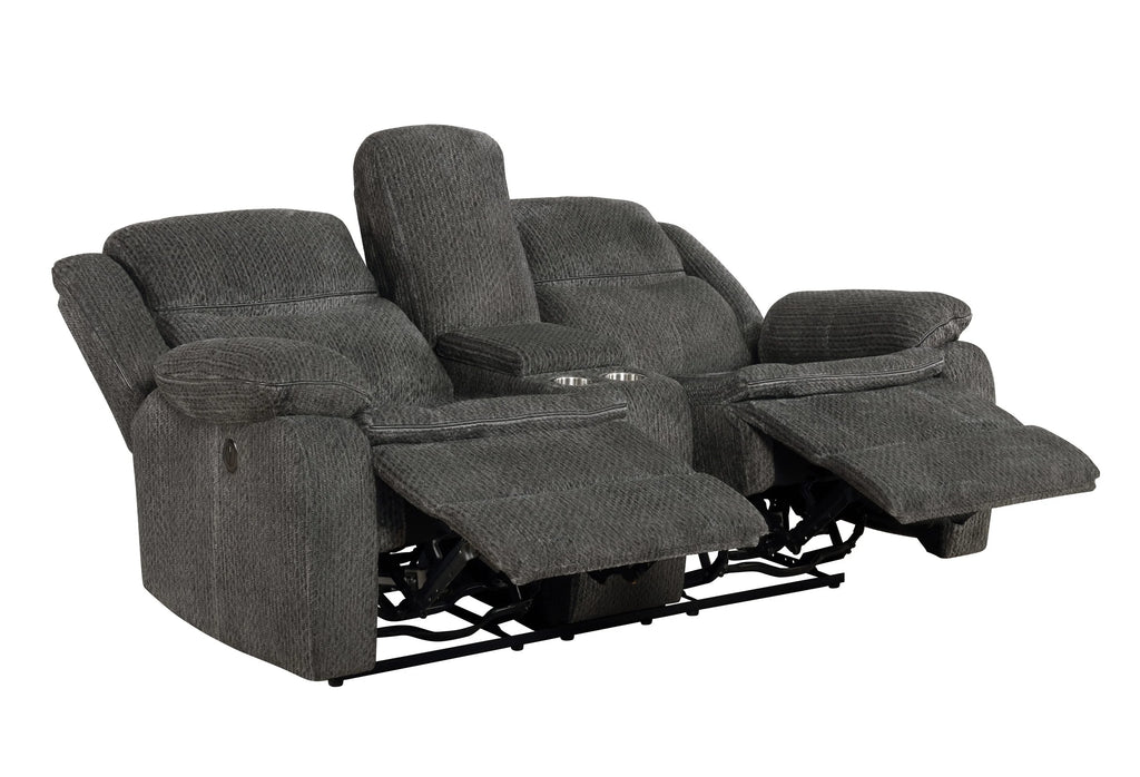 Charcoal Upholstered Motion Loveseat with Console Q87820