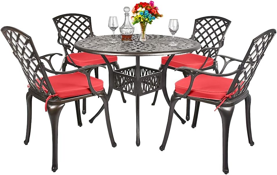 5-Piece Cast Aluminum Outdoor Dining Set with Umbrella Hole R86578