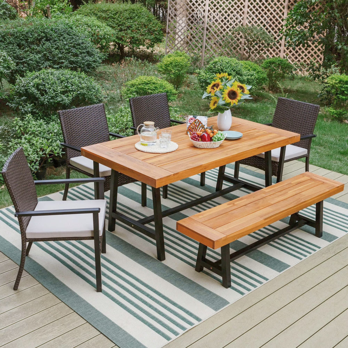 6-Piece Outdoor Dining Set with Acacia Wood Table, Bench and Wicker Chairs with Cushions A5466