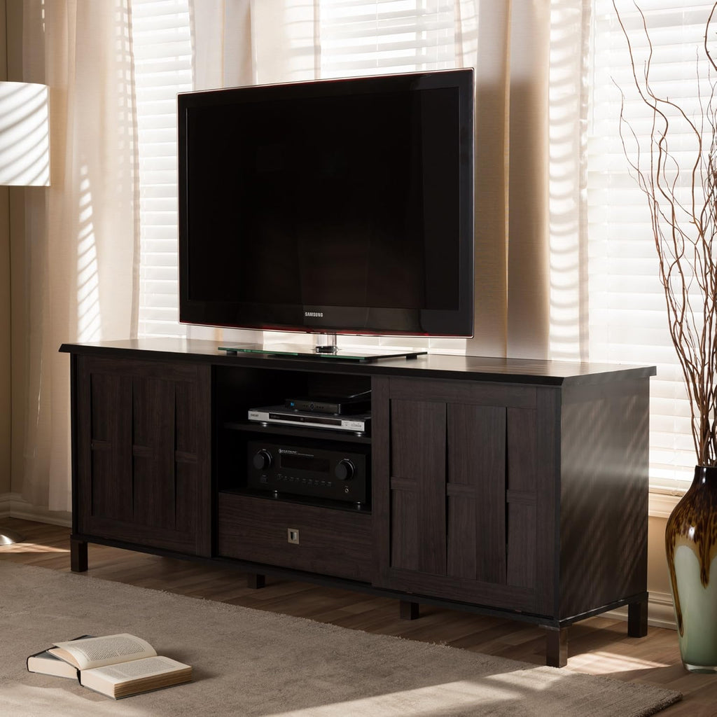 70 Dark Brown Wood TV Cabinet with 2 Sliding Doors and Drawer R488933