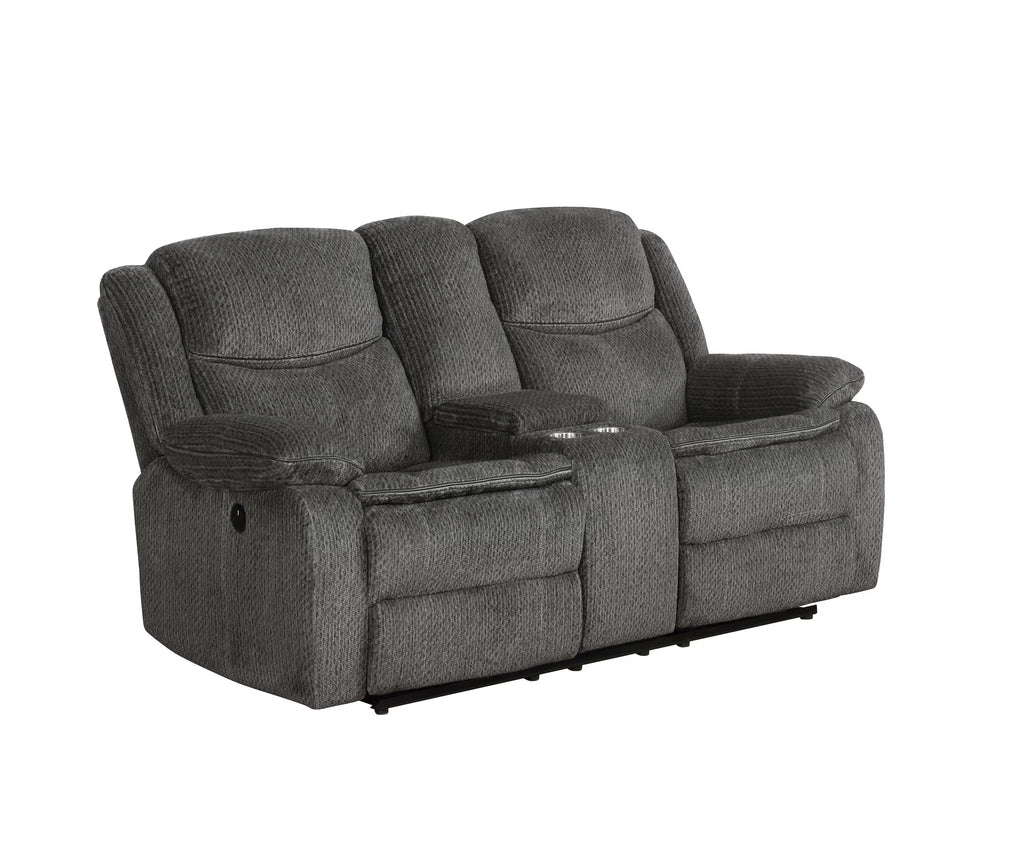 Charcoal Upholstered Motion Loveseat with Console Q87820